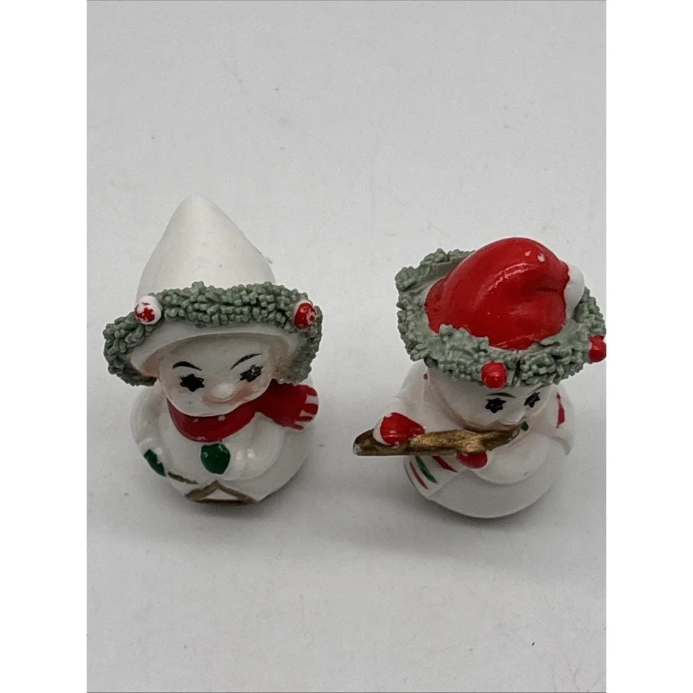 Vintage Christmas Snowmen Couple Spaghetti String 1940s Figurines UCCC Taiwan